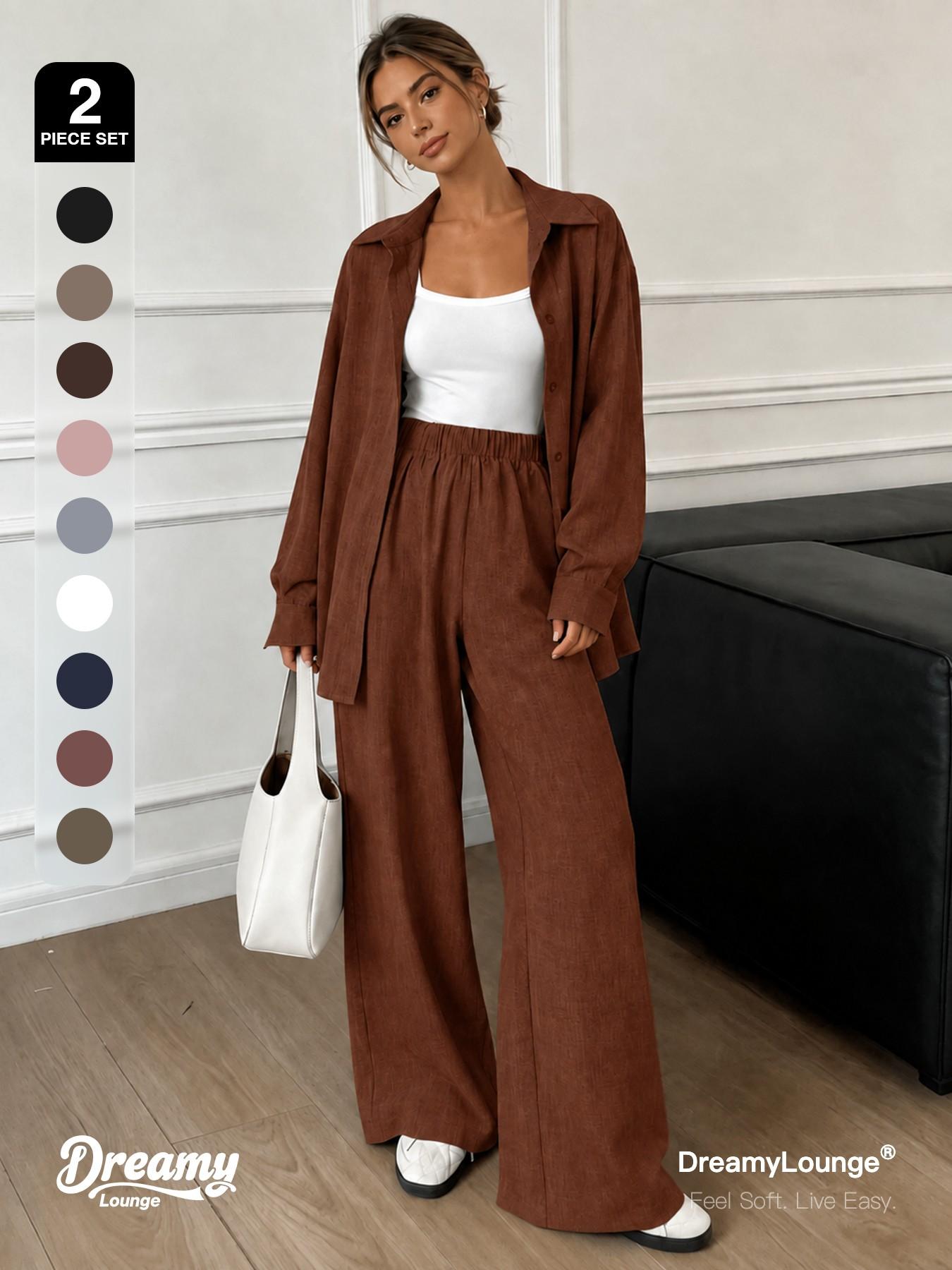 2-Piece Set DreamyLounge Women's Textured Linen-Look Loungewear Set, Oversized Button Down Shirt and Wide Leg Pants Matching Set for Travel, Coffee Run and Everyday Wear