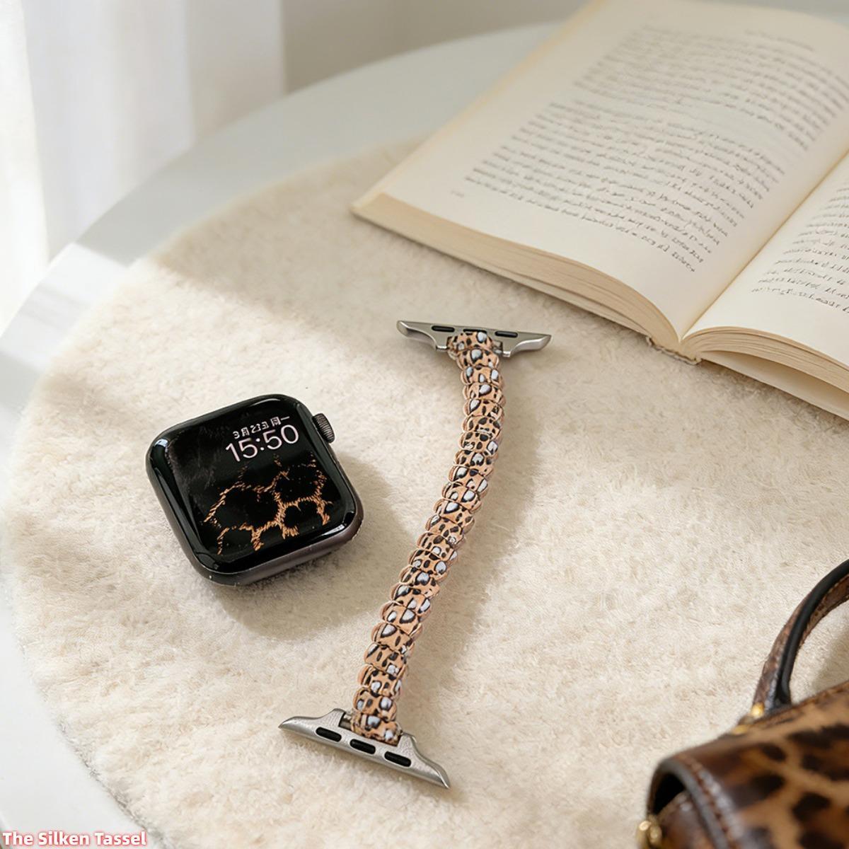 Leopard Print Scrunchie Apple Watch Band, Aesthetic Elastic Stretchy Wrist Strap with Phone Cord Style, Cute Fashion Watch Bracelet Compatible with Apple Watch Series 1-11 Ultra SE, Comfortable Daily Wear Accessory for Women (Watch Not Included)