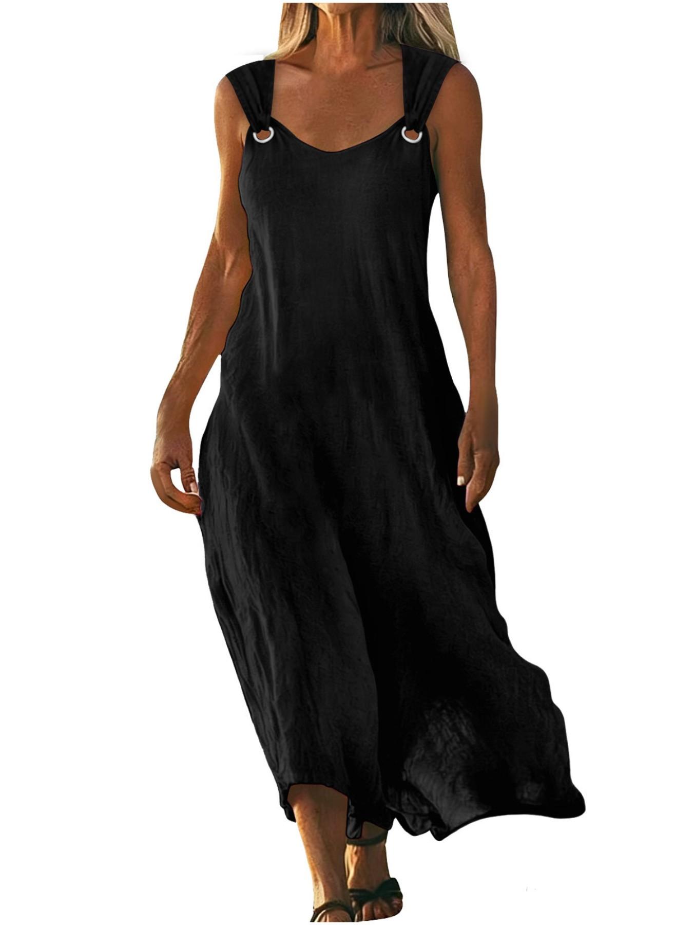 2026 Women's Dress, Everyday Casual Summer Wear, Womenswear, Elegant Aesthetic V-Neck Design, Metallic Button Detailing, Breathable Lightweight Cotton-Linen Fabric, Sleeveless, Minimalist Style