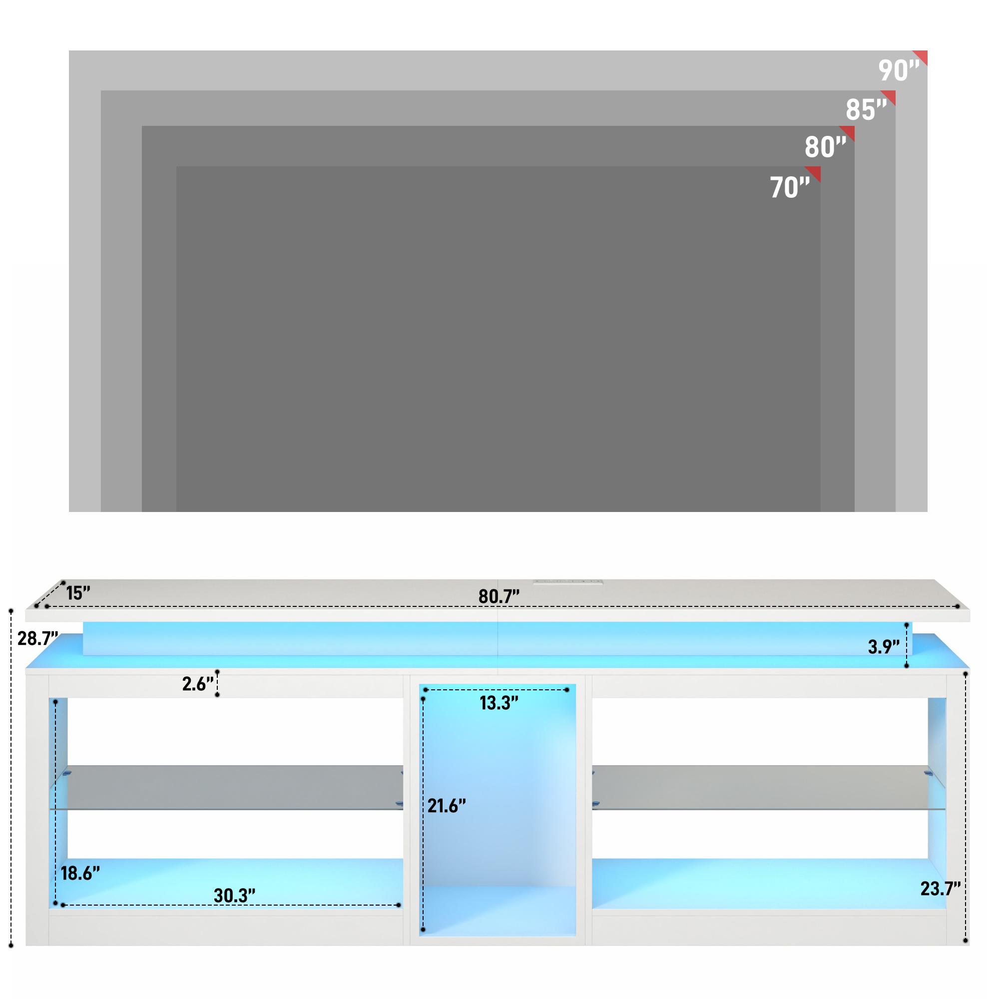 71"/80.7" LED TV Stand with Power Outlet,60-Colors LED Lights For 65 70 80 90 in TV,High Gloss Gaming Entertainment Center w/Adjustable Shelves,TV Console with Modern Design for Living Room Bedroom (Black/White)