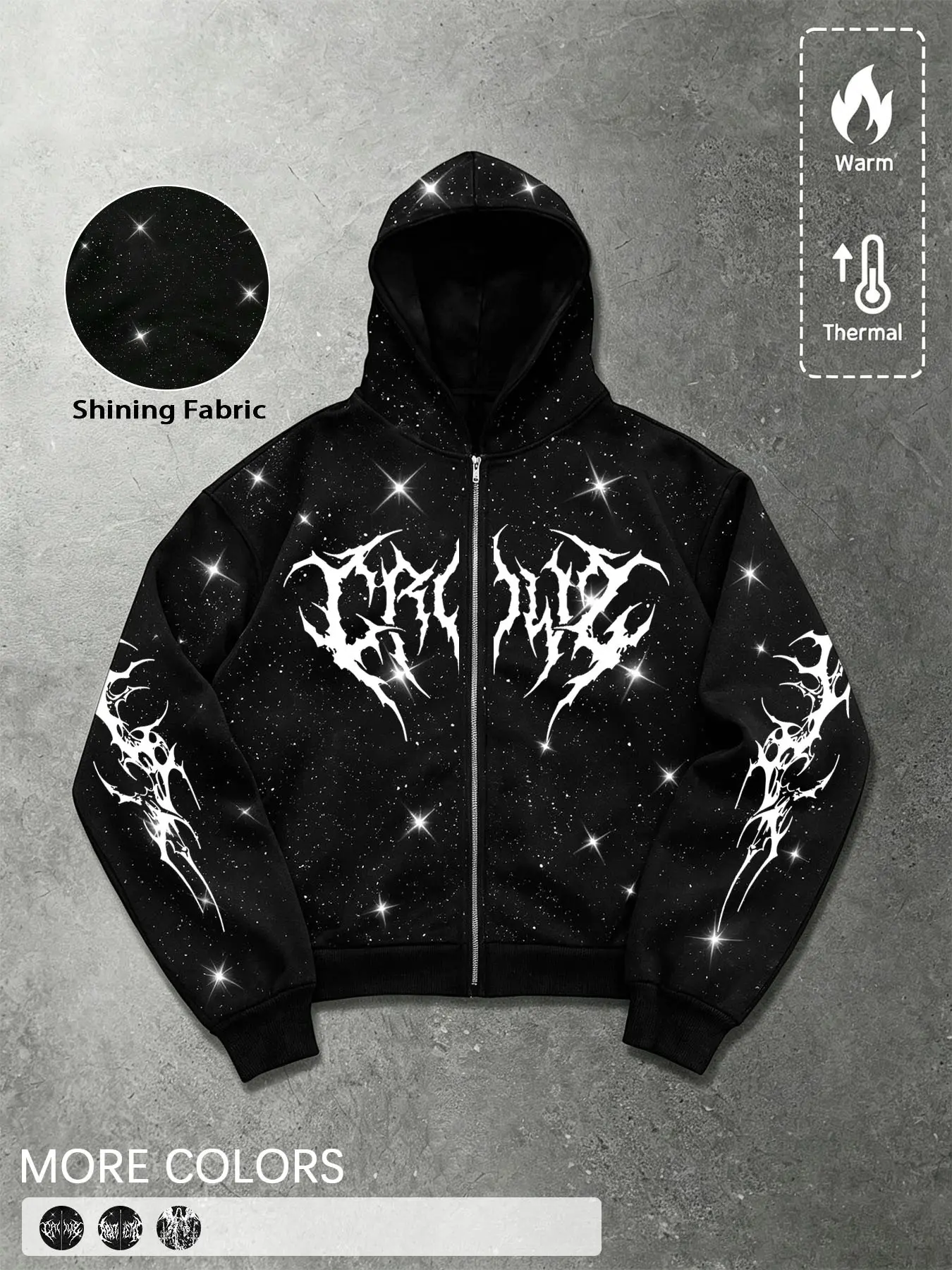 Men's Zip‑Up Hoodie, Glitter Fabric Gothic Thorn Letter Print, Warm Streetwear Sweatshirt, For Casual Outings, Punk Aesthetic & Alternative Street Style