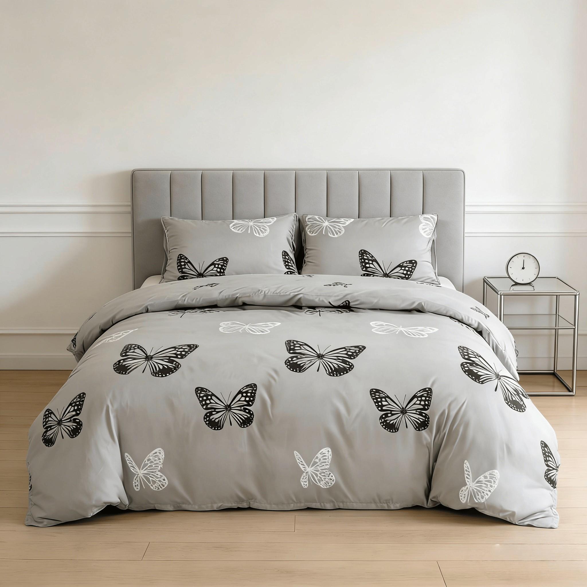 Black & Gray Butterfly Style, 3-Piece Duvet Cover Set, including 1 duvet cover + 2 pillowcases (without inserts). Stylish, elegant, light luxury and natural style, all-season bedding set.