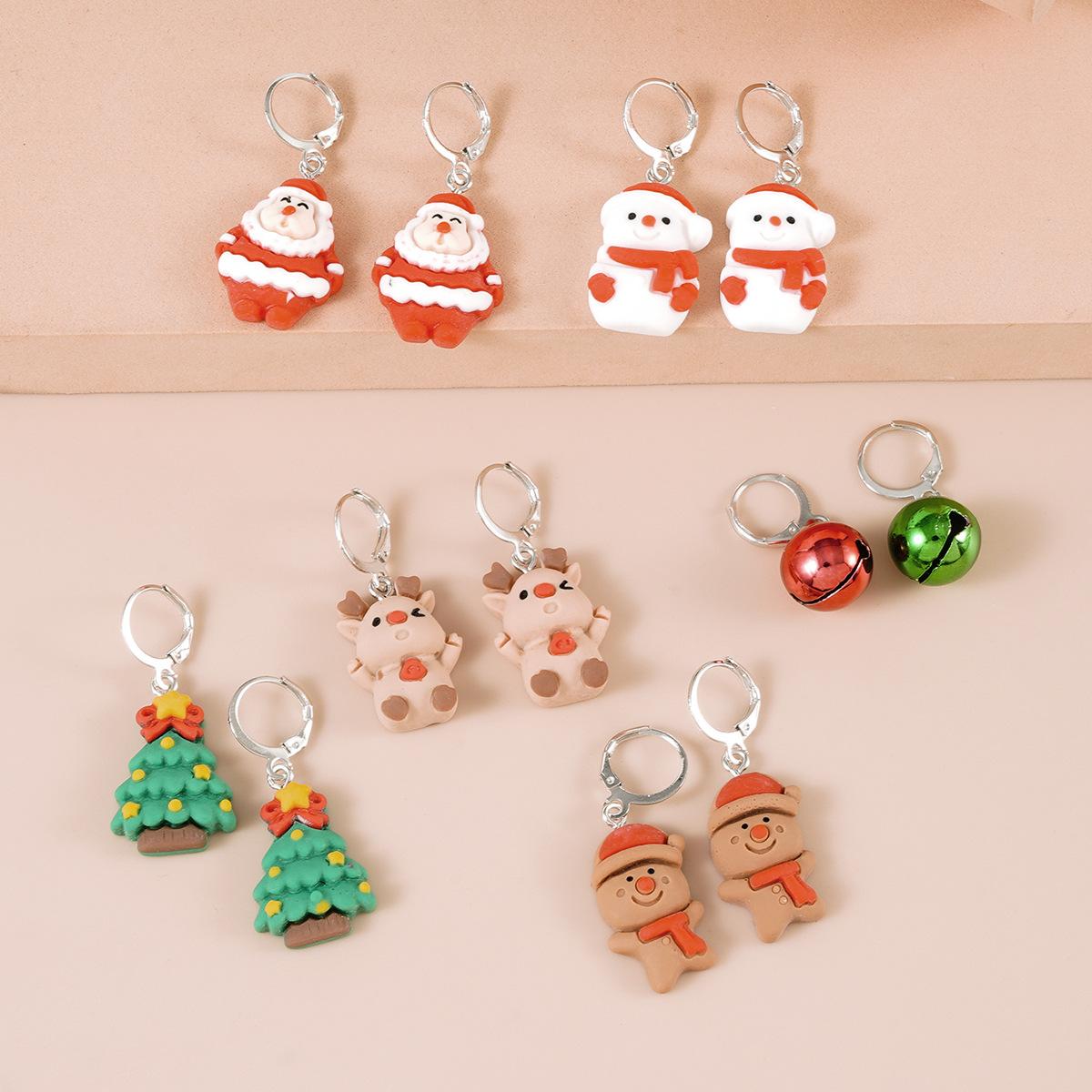 6 Sets of Fashionable Santa Reindeer Resin Tree Bell Earring Ear Hooks Gift