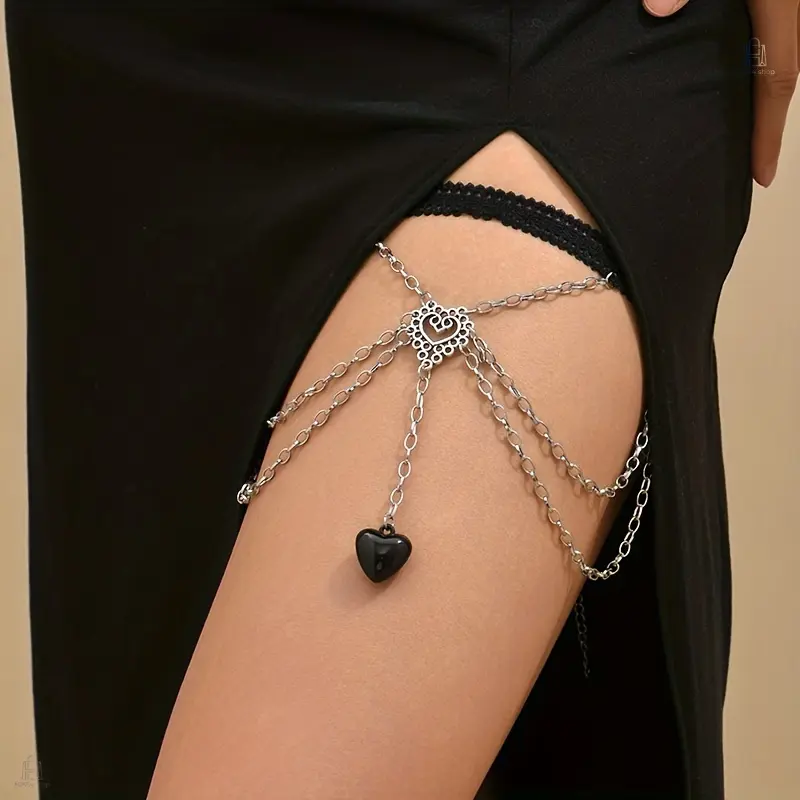 Goth Accessories Gothic Multi-Layer Elastic Heart Thigh Chain - Adjustable Lace Leg Harness Metal Leg Jewelry for Music Festival, Cosplay
