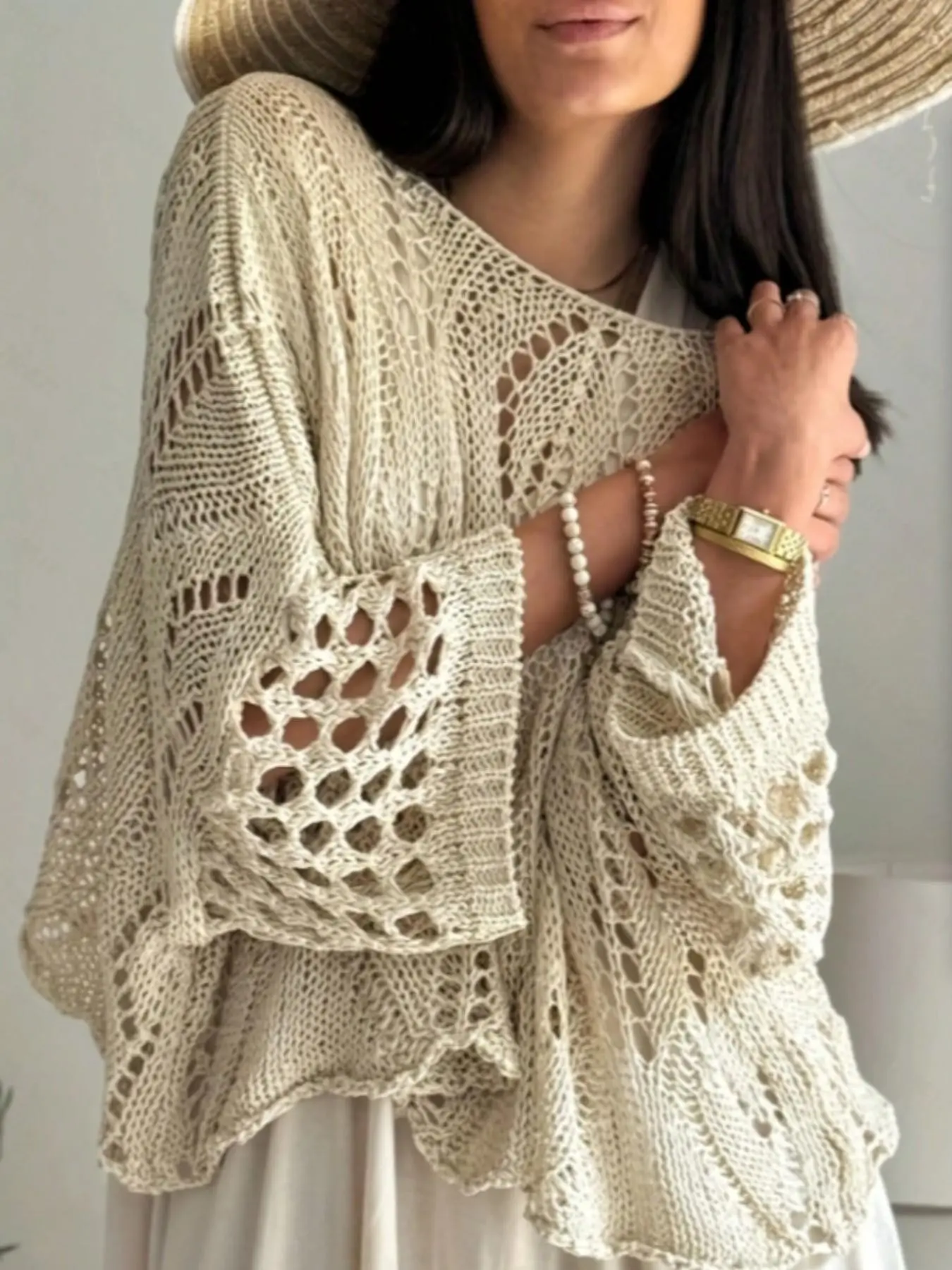 Fashion Loose Oversized Hollow Out High-End Women's Three-Quarter Sleeve Knit Top, Womenswear, Shoulder Exposure Design, Perfect for Beach Vacation, Soft and Comfortable, Casual and Versatile, Summer Essential, Knitwear, Knit Shawl Tops