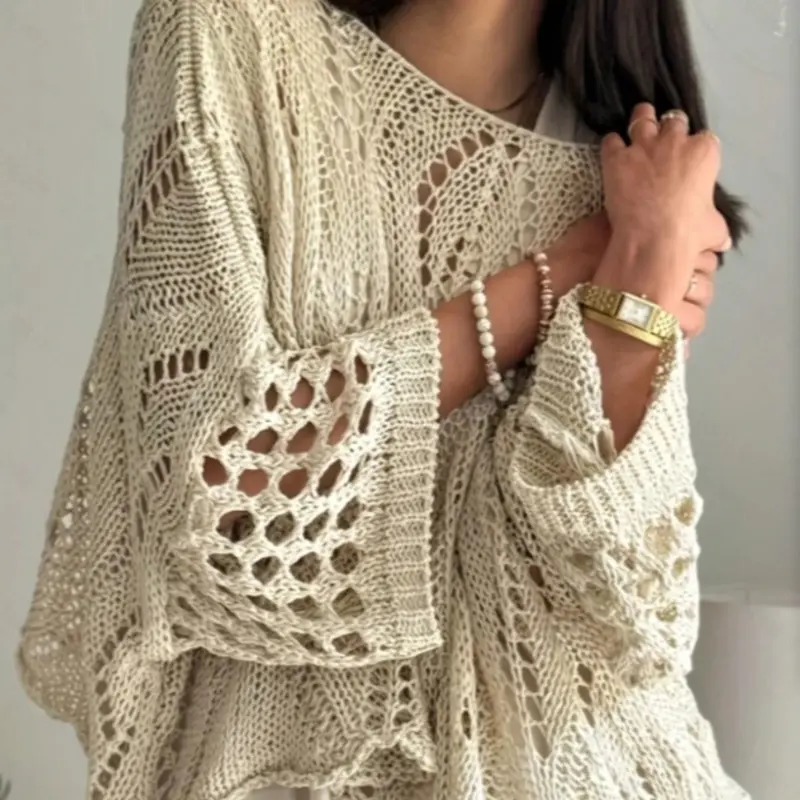 Fashion Loose Oversized Hollow Out High-End Women's Three-Quarter Sleeve Knit Top, Hollow Out Pullover, Womenswear, Perfect for Beach Vacation, Soft and Comfortable, Casual and Versatile, Summer Essential, Knitwear