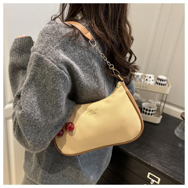 Women's Viral Cherry Charm Synthetic Baguette Bag - Cute Mini Shoulder Bag with Gold Chain, Ideal for Brunch, Date Night, Crossbody Daily Use