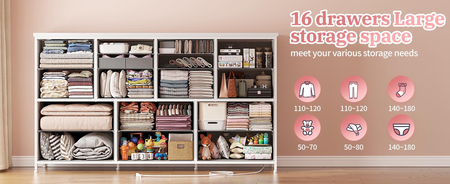 【SpringGlowUp】Raybee Furniture TV Stand with 16 Storage Drawers & Power Outlet, Heavy Duty Metal Frame & Wood Top Media Console, Large Entertainment Center for Living Room, Bedroom, Closet, Modern Home Decor Storage Cabinet Organization for Small Space