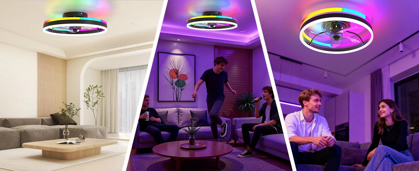 Smart RGB Ceiling Fan with Lights, 20" Modern Flush Mount Ceiling Fan Light, Dual Lighting Mode Low Profile LED Fan with Remote/APP Control, Works with Alexa & Google, for Bedroom Indoor Color Changing