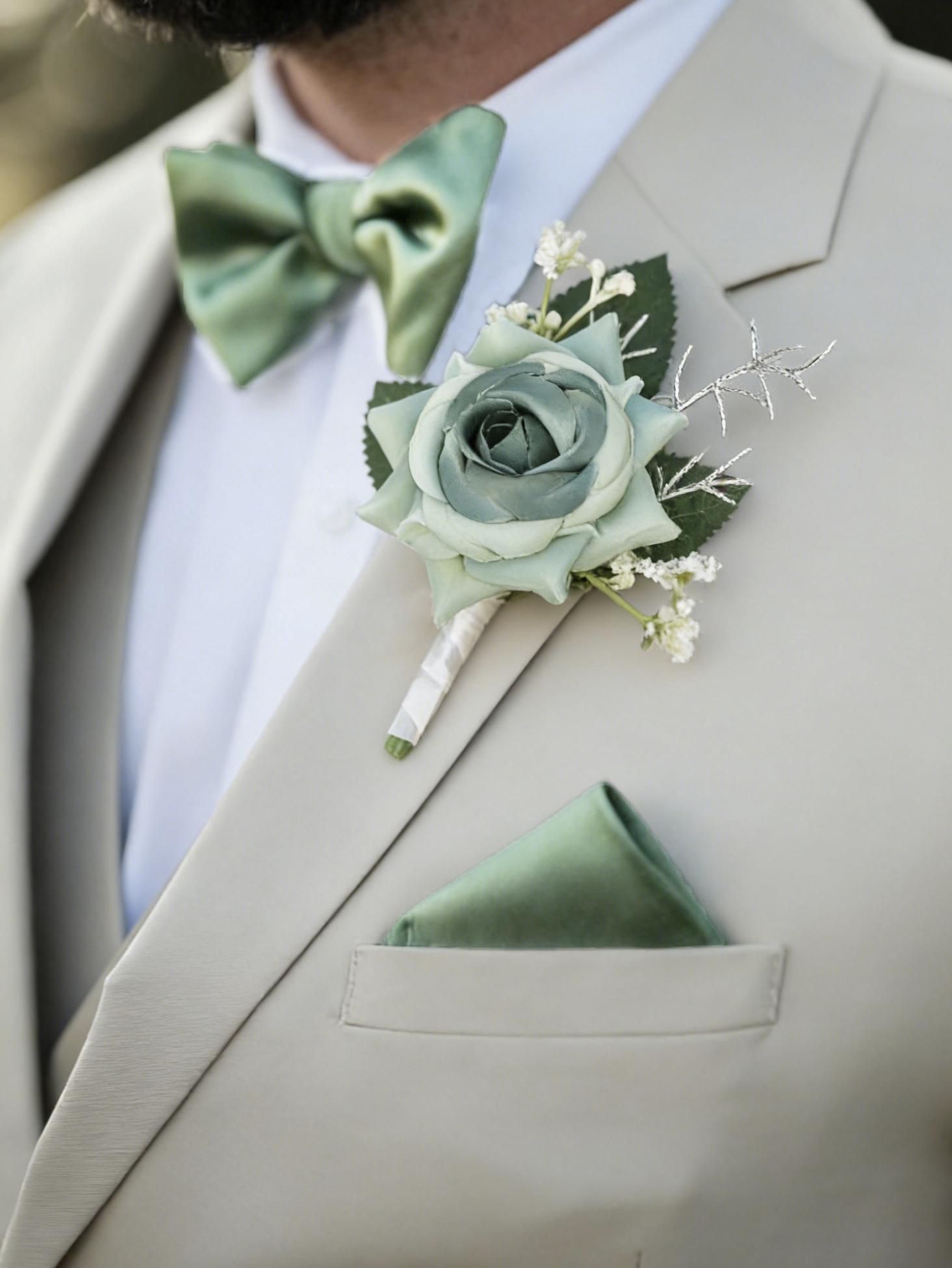3pcs Sage Wedding Boutonniere Set for Men, Elegant Bow Tie & Pocket Square, Matching Groom and Groomsmen Accessories, Fall Vintage Rustic Style, Guy