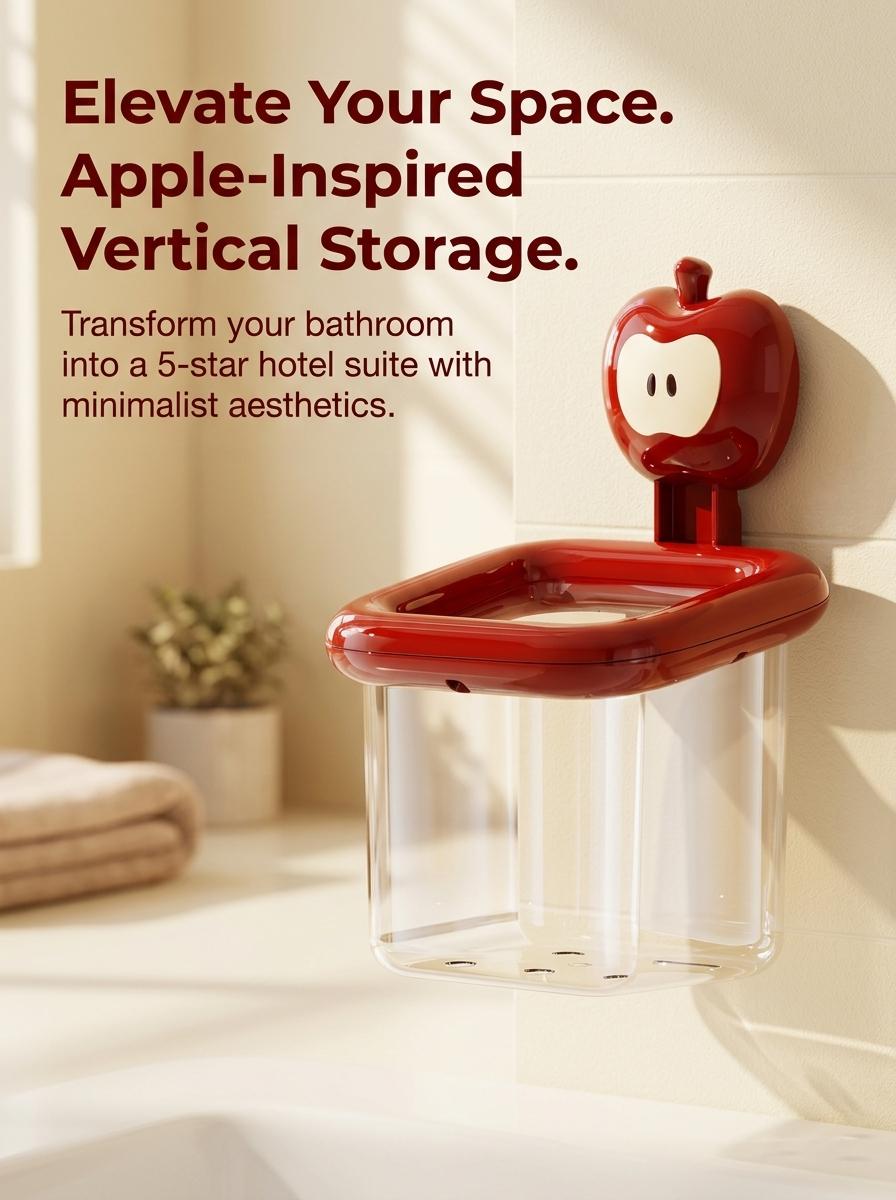 Cute Apple Wall Organizer Box| Clear No-Drill Bathroom Storage Caddy| Minimalist Vanity Decor