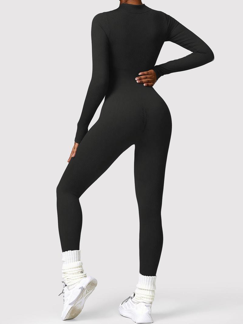 Women's Solid Color Zipper Long Sleeve Jumpsuit, Casual Sporty Comfortable One-Piece, Perfect for Yoga Gym Exercise, All Seasons Women's Sports Wear, Workout Jumpsuit