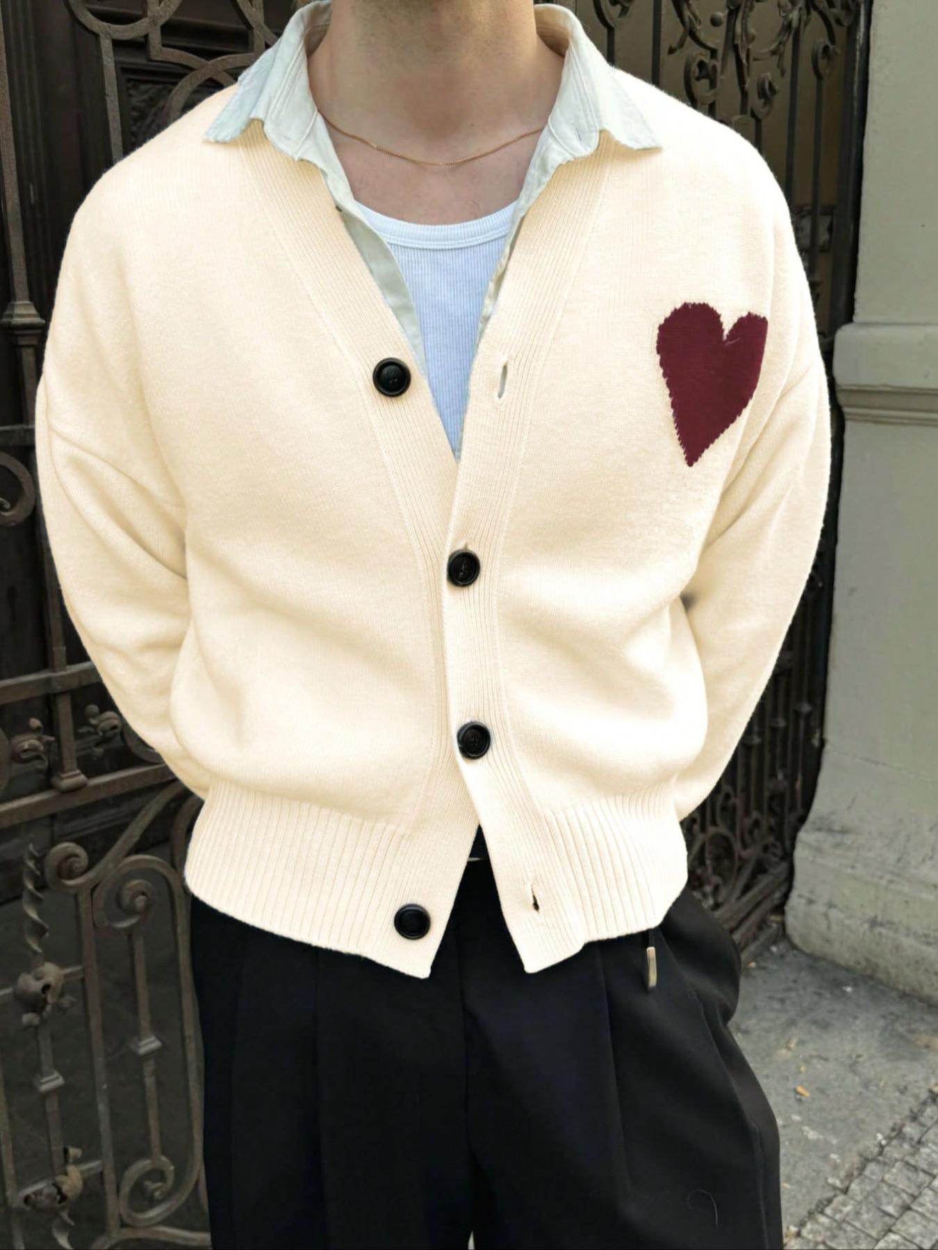 Men's Heart Pattern Knit Cardigan, Casual Loose-Fitting Long Sleeve Sweater, Lightweight Layering Piece for Fall & Winter