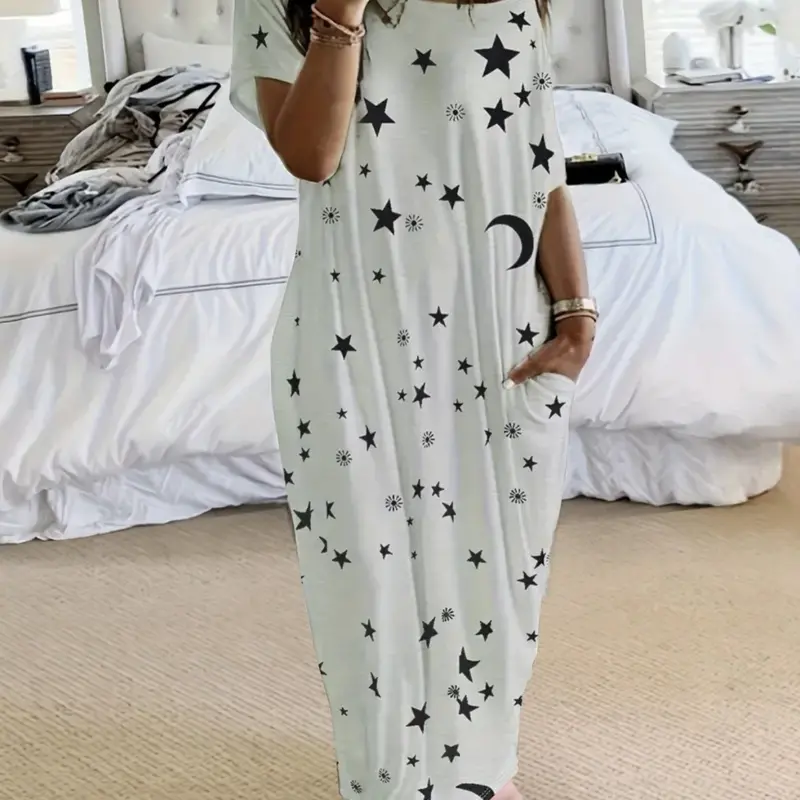 【Black Friday】Women's Tie-Dye, Butterfly, Heart, or Leopard-Print Long Sleep Dress, Round-Neck Loose-Fit Nightgown with Pockets, Comfortable Home Loungewear