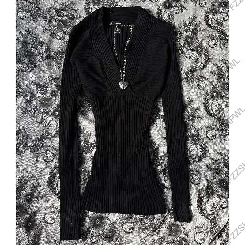 Women Subculture Y2K 2000s Vintage Solid Black Ribbed Knit Sweater Punk Streetwear Slim Fit Long Sleeve Top Goth Grunge Clothes