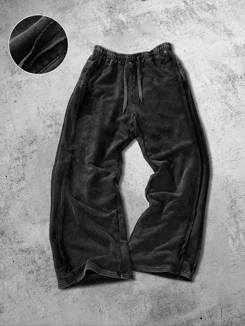 Men's Streetwear Simple Cotton Sport Pants, Wide Leg Knit Sweatpants, Washed Cotton Fabric, Casual Loose Fit, All Seasons, Comfy Sweatpants