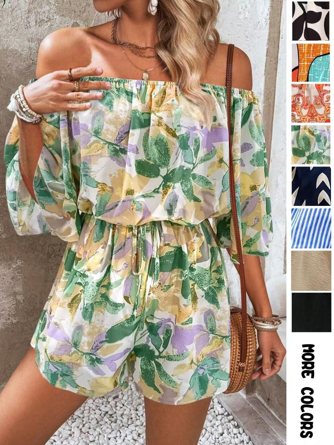 Women's Leaf Print Off Shoulder Tie Front Adjustable Lightweight Feminine Bohemian Romper. Casual Short Flounce Sleeve Romper for Summer. Fashion Women's Clothing Womenswear for Beach Holiday Vacation Women's Leaf Print Off Shoulder Tie Front Adjustable Lightweight Feminine Bohemian Romper. Casual Short Flounce Sleeve Romper for Summer. Fashion Women's Clothing Womenswear for Beach Holiday Vacation