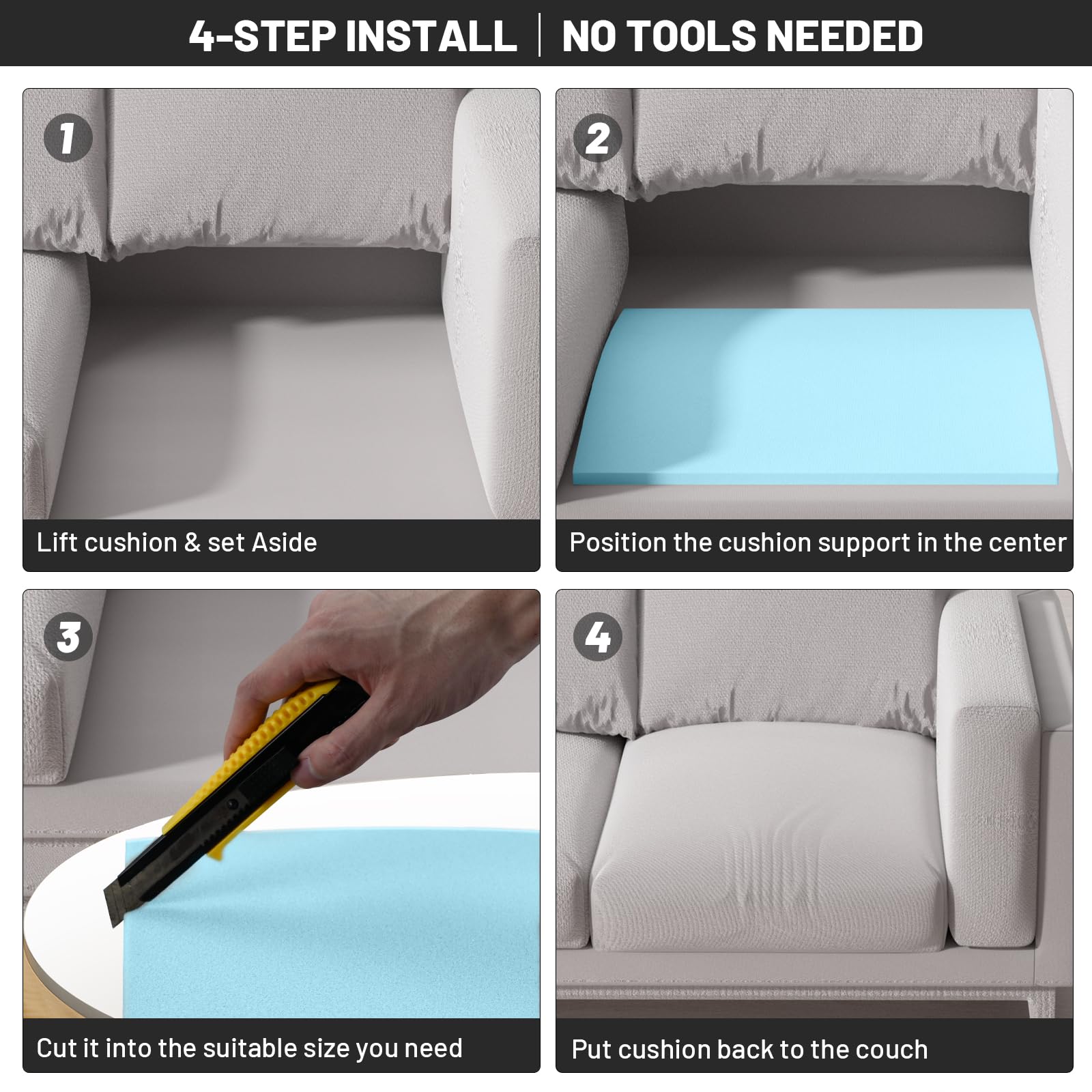 Blue high-density foam sofa support cushion, Durable Cushions, insertable high resilience sofa cushion, repair sofa depression to improve comfort, size is 20"X20"x2"