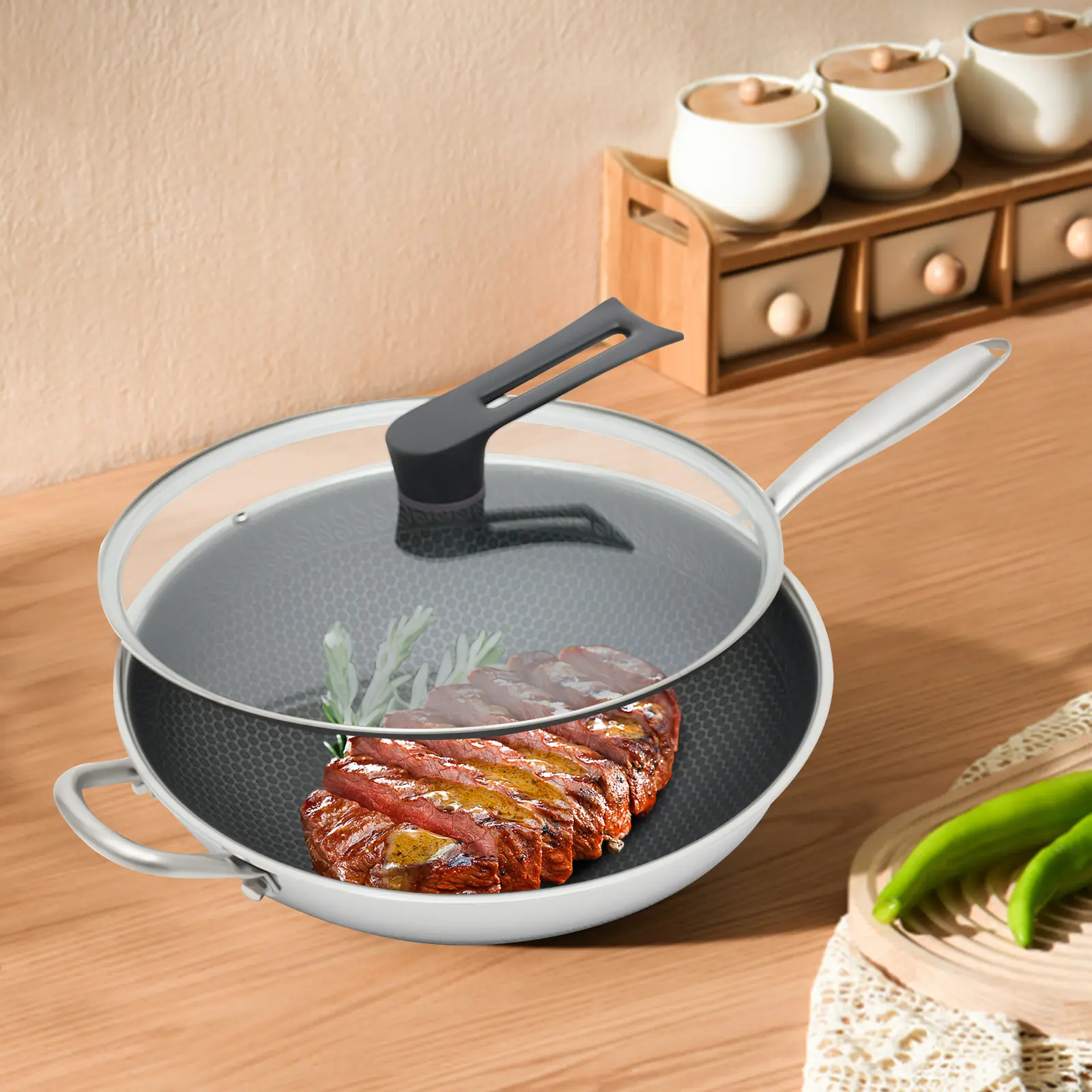 Stainless Steel Wok 34cm for Gas Induction Ceramic Stove Home Cooking Use