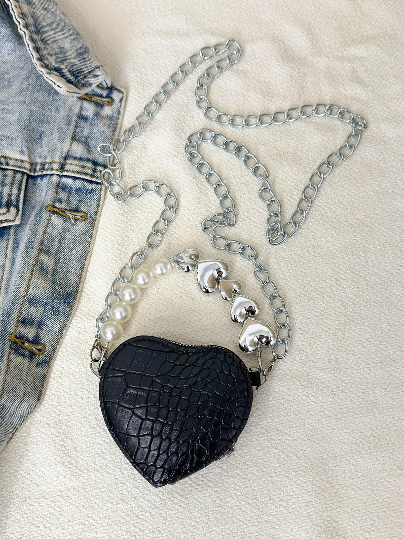 Vintage Mini Crossbody Bag, Crocodile Pattern Pearl Chain Purse, Heart Shape Fashion Coin Wallet, All Seasons Solid Design
