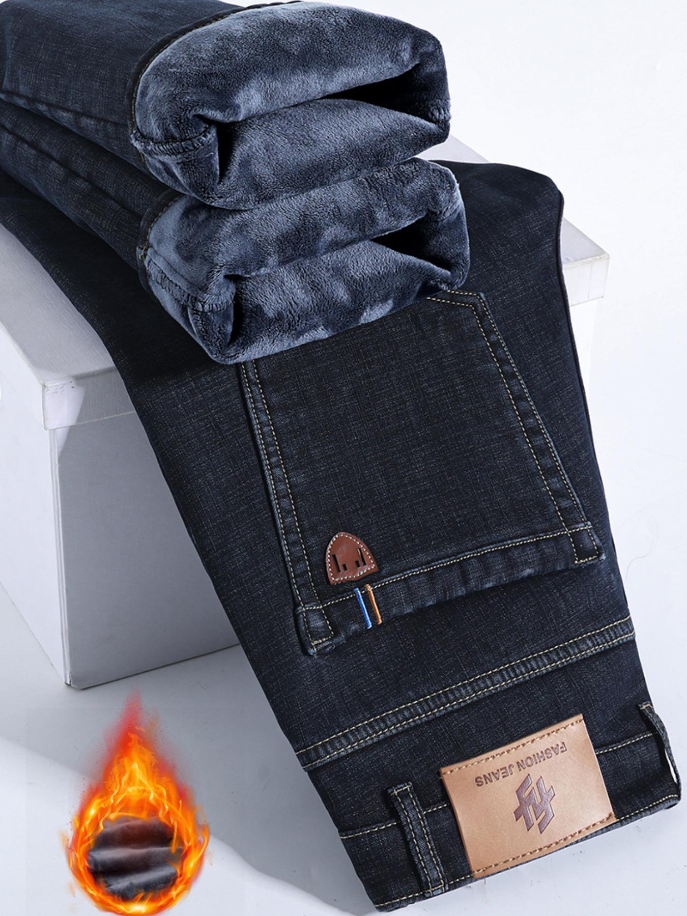 Men's Denim Jeans with Topstitching, Loose Straight Leg Long Pants, Stretch Fashion Pants for Fall & Winter