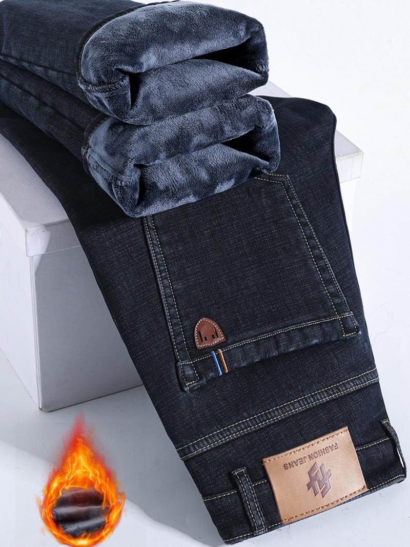 Men's Fleece Lined Denim Jeans, Loose Straight Leg Long Pants, Warm Cotton Elastic Fashion for Fall & Winter Men's Fleece Lined Denim Jeans, Loose Straight Leg Long Pants, Warm Cotton Elastic Fashion for Fall & Winter