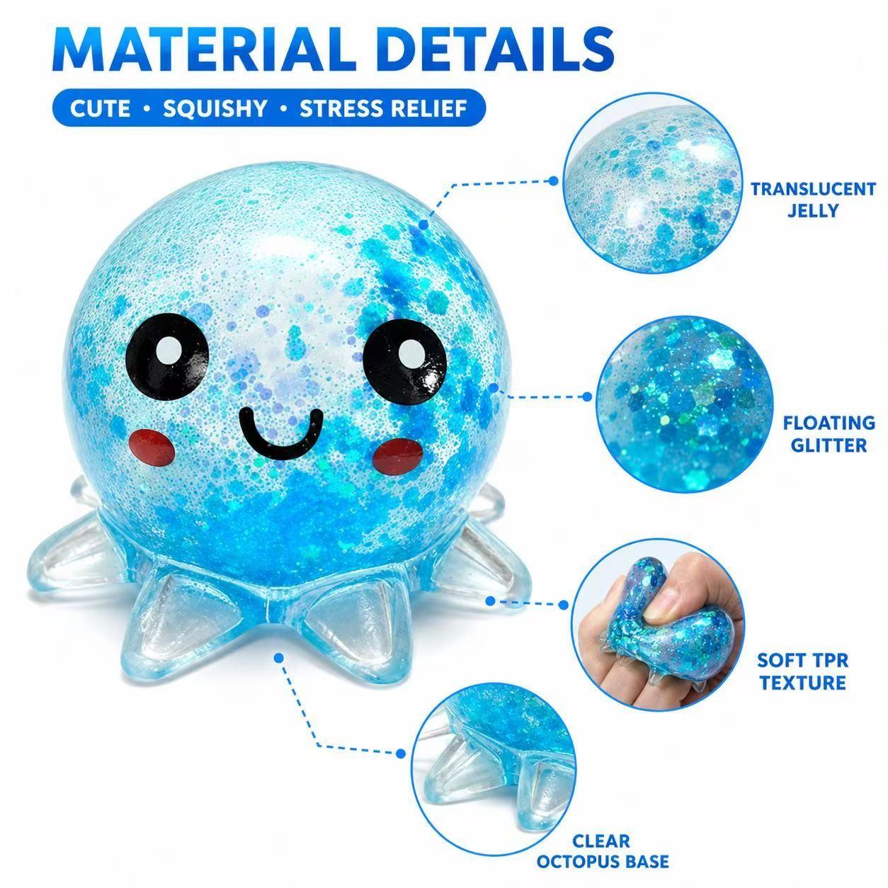 Clear Glitter Octopus Squeeze Toy, Glitter Squishy, Glittery Squishies, Squishy Fun, TPR Maltose Filled Stress Ball, 4 Colors Available Anxiety Relief Fidget Toy for Adults Kids