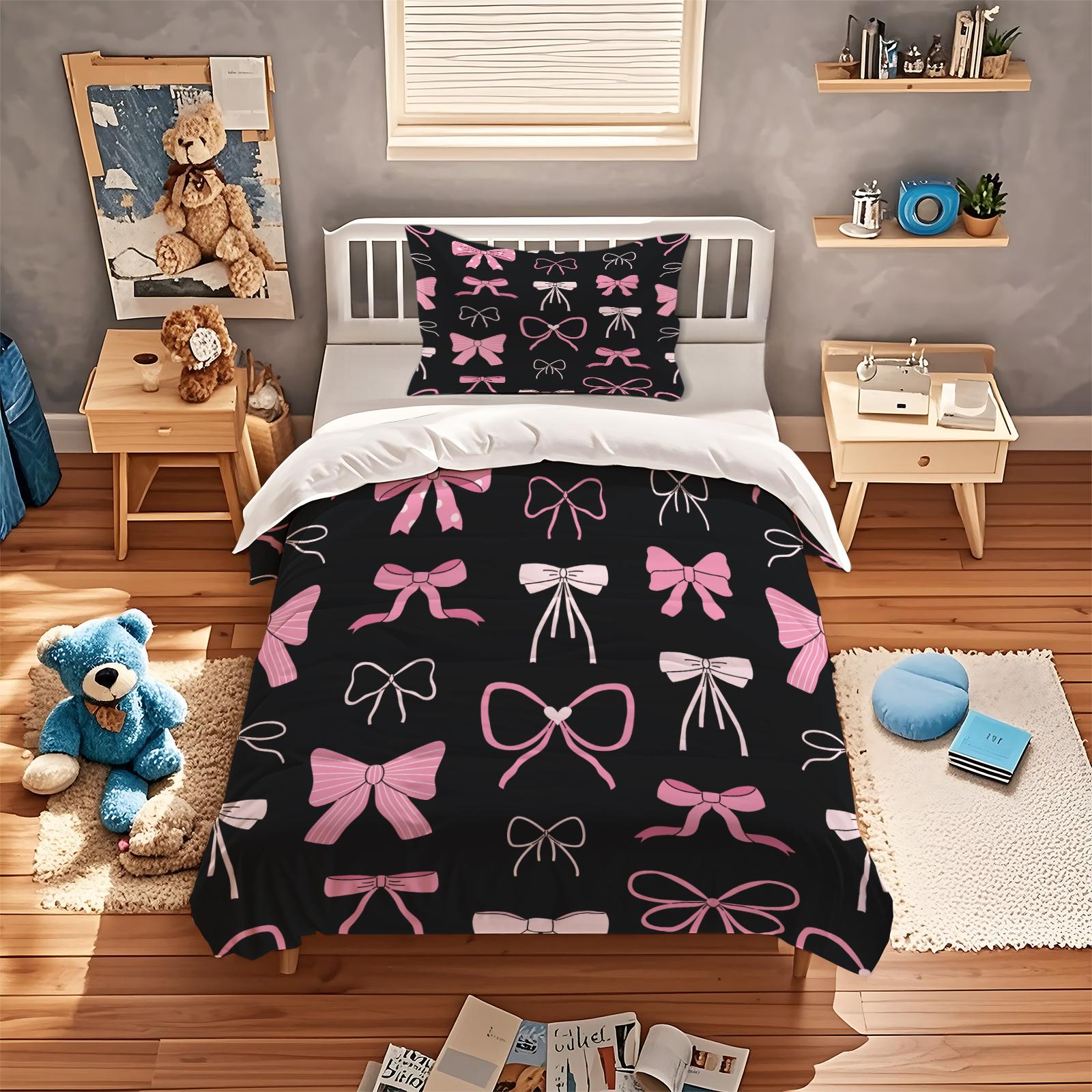 2/3 Pcs Coquette Pink Bow Print Duvet Cover Set, Cute Y2K Aesthetic Bedding Set, Vibrant Digital Print, Soft Microfiber with Zipper Closure, Ideal for Bedroom, Dorm, Girly Room Decor All Year Round - No Filling