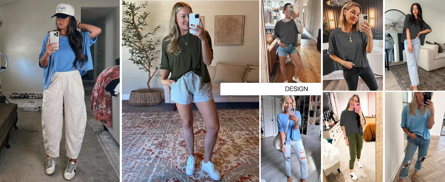 Danedvi Womens Oversized T-Shirts Cropped Summer Casual Short Sleeve Loose Fit Tee Tops Clothes Fabric