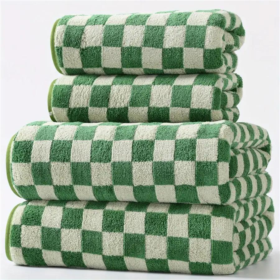 Checkerboard Pattern Bath Towel Set, 2 Counts Soft Absorbent Quick Drying Bath Towel with 2 Counts Hand Towels, Family Bath Outing Bathroom Accessories, Premium Bath Towels