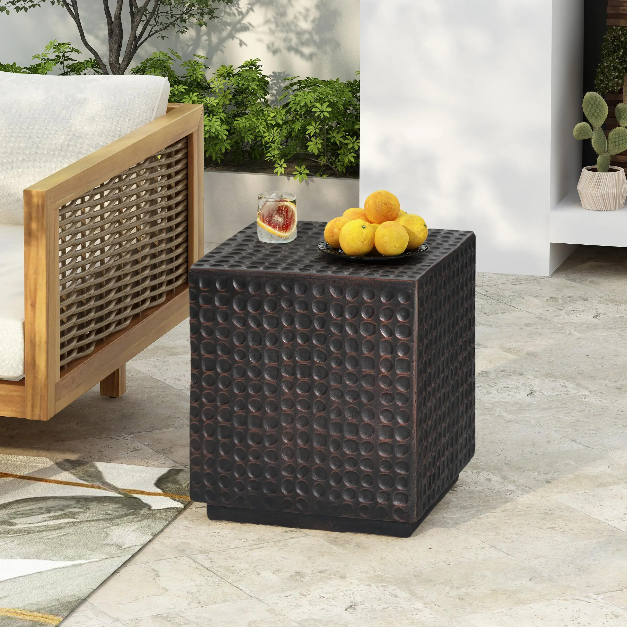 Modern Fluted Cube End Table, 15x15x17 in Antique Copper MGO Side Table for Living Room, Patio, or Balcony