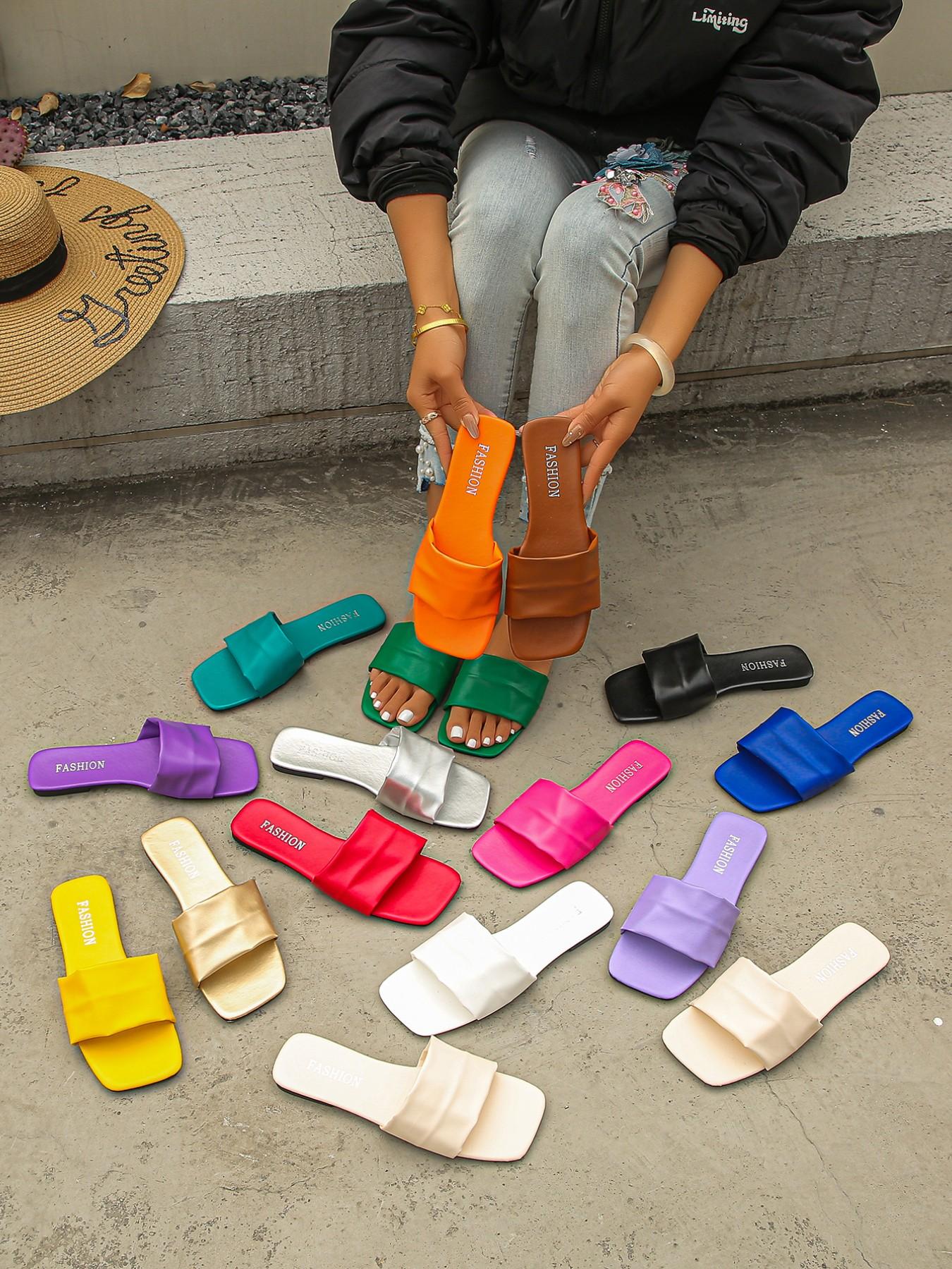 Women's Multicolor Pleated Square Toe Slippers, Casual Flat Sandals, Non-Slip Soft Sole, Trendy Beach Shoes, PU Leather, Rubber Sole