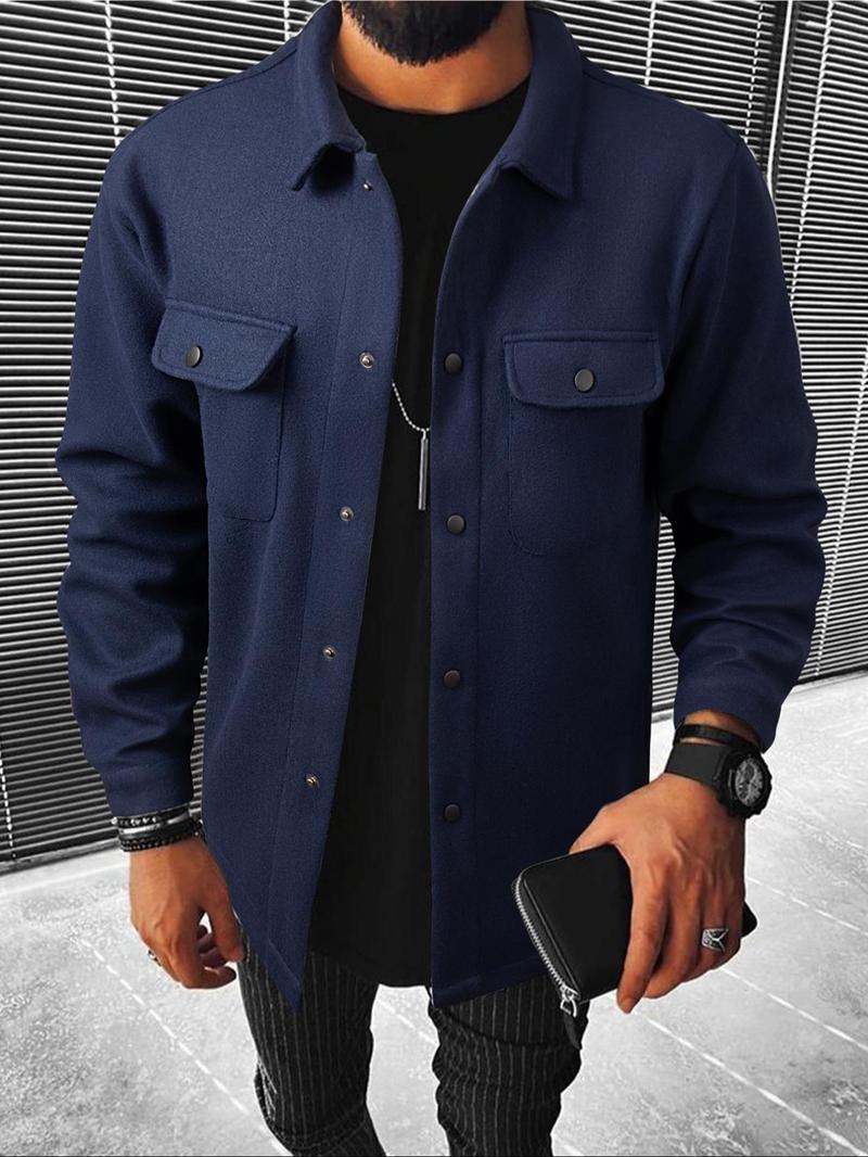 Men's Plain Long Sleeve Jacket,&nbsp;Regular Fit Casual Classic Button Front Flap Pocket Collared Outerwear for Fall & Winter, Going Out Outfit