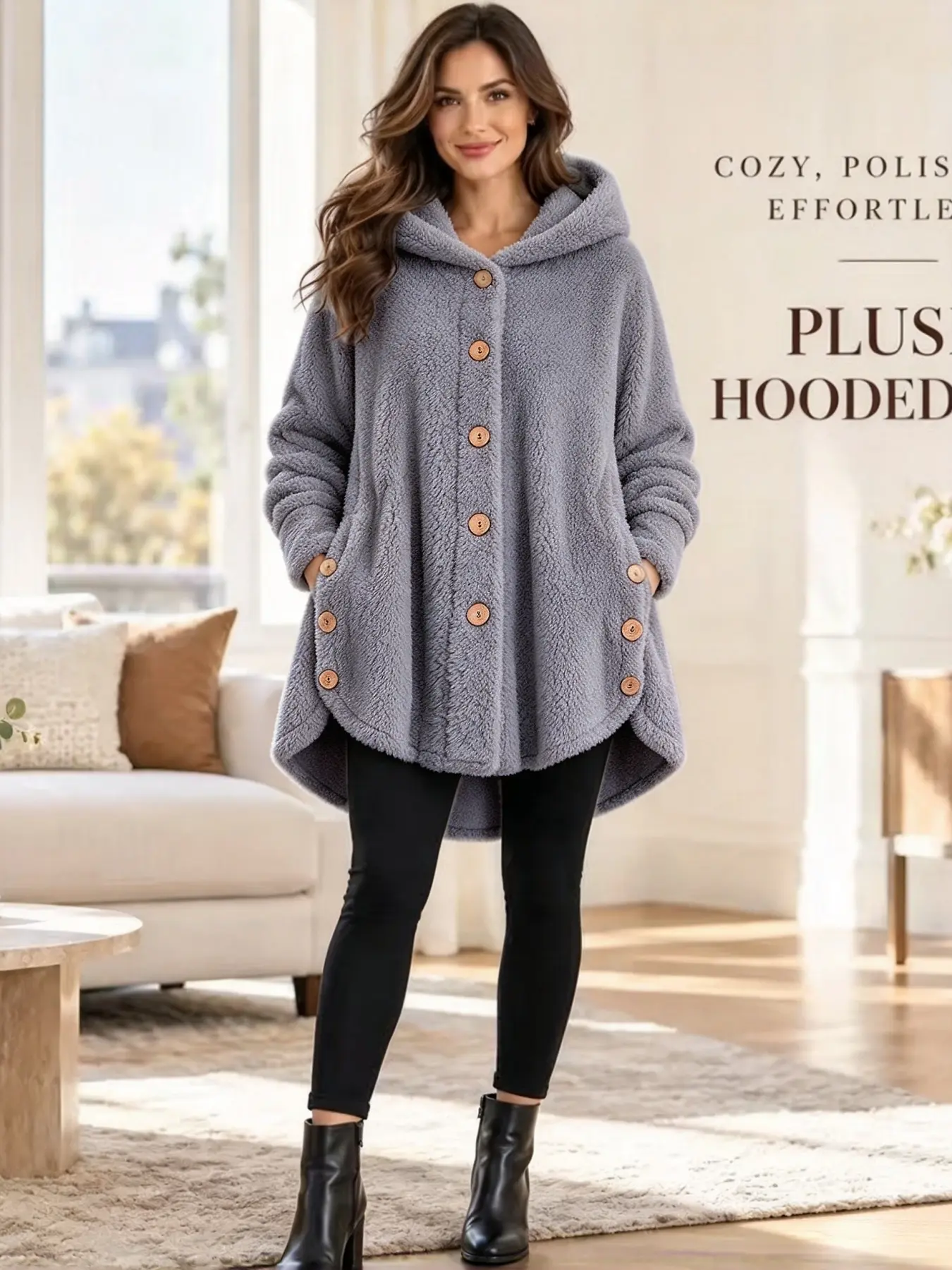 Women’s Oversized Plush Hooded Coat, Soft Fuzzy Fleece Button-Front Jacket with High-Low Curved Hem, Relaxed Fit Casual Winter Outerwear