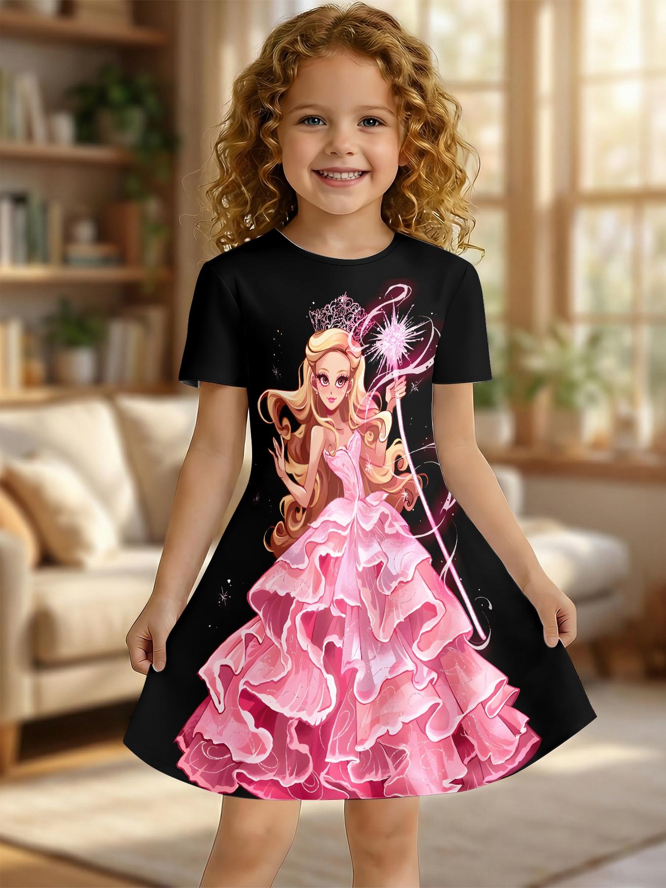 Girls Summer Pink Gown Princess Print Dress, Kids Black Background Magic Scepter Crew Neck Short Sleeve A-Line Dress