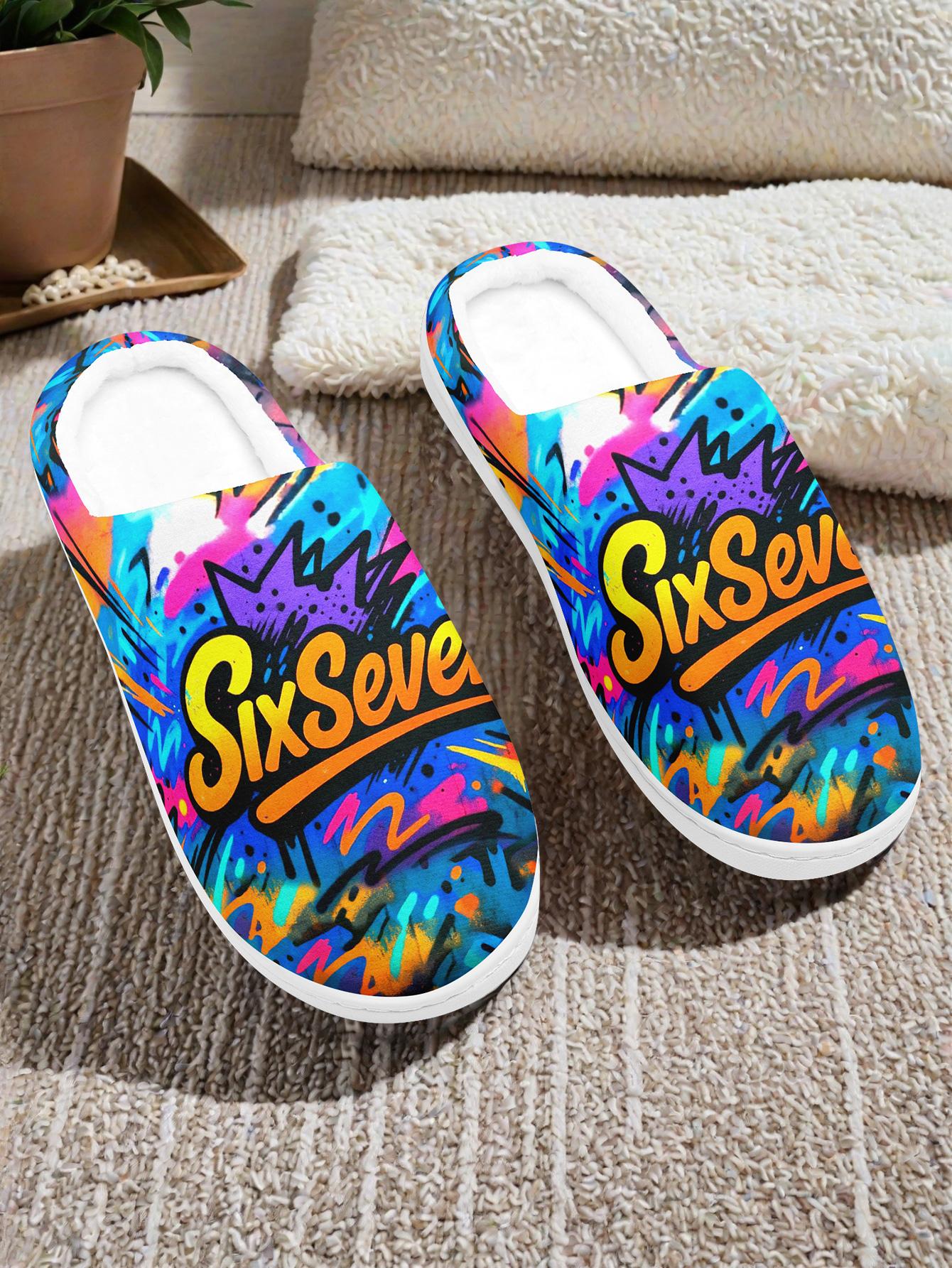 Men's Plus Size "SixSeven" Colorful Graffiti-Pattern Warm Indoor Slippers - Comfortable Cozy Home Footwear for Autumn & Winter