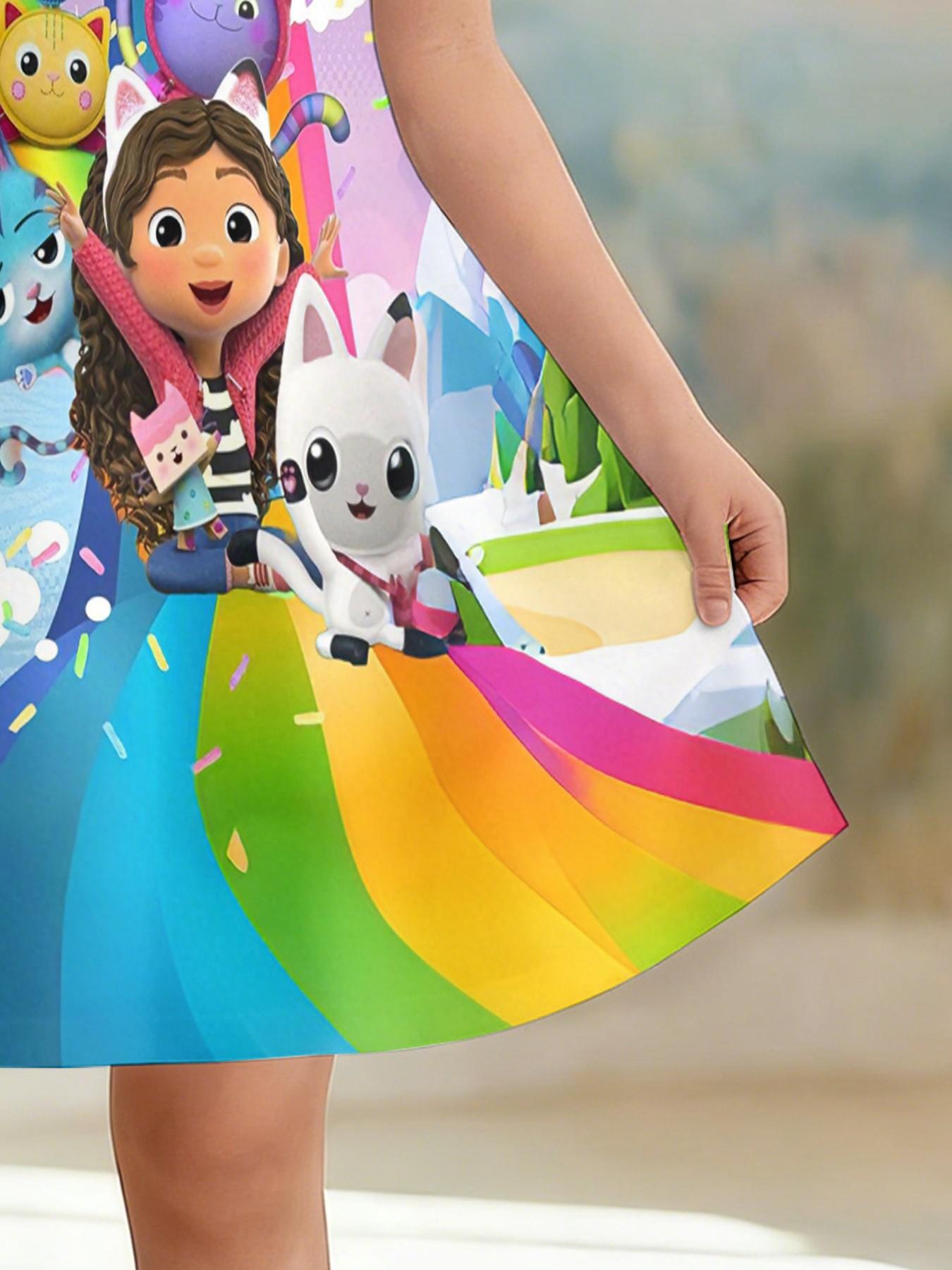 Girls' Gabby Doll House Ice Rainbow A-Line Dress, Cute Cartoon Short Sleeve Dress, Fashion Outdoor Wear, Birthday Gift, Holiday Gift