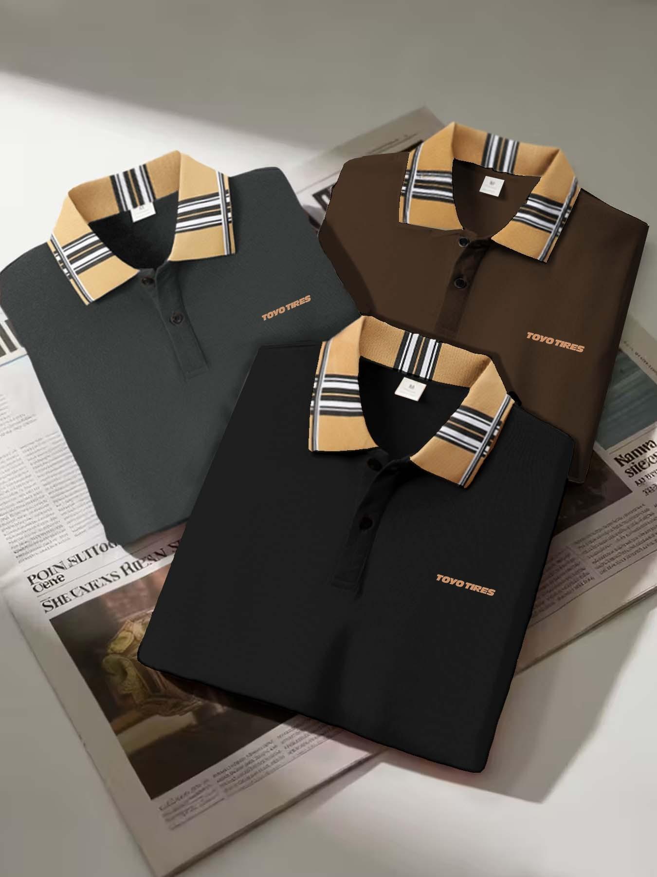 3pc Aa3462toyo Men's Casual Short Sleeve Shirt, British Style Golf Wear, Outdoor Polo Shirt, Fitted Collared Top, Men's Fashion