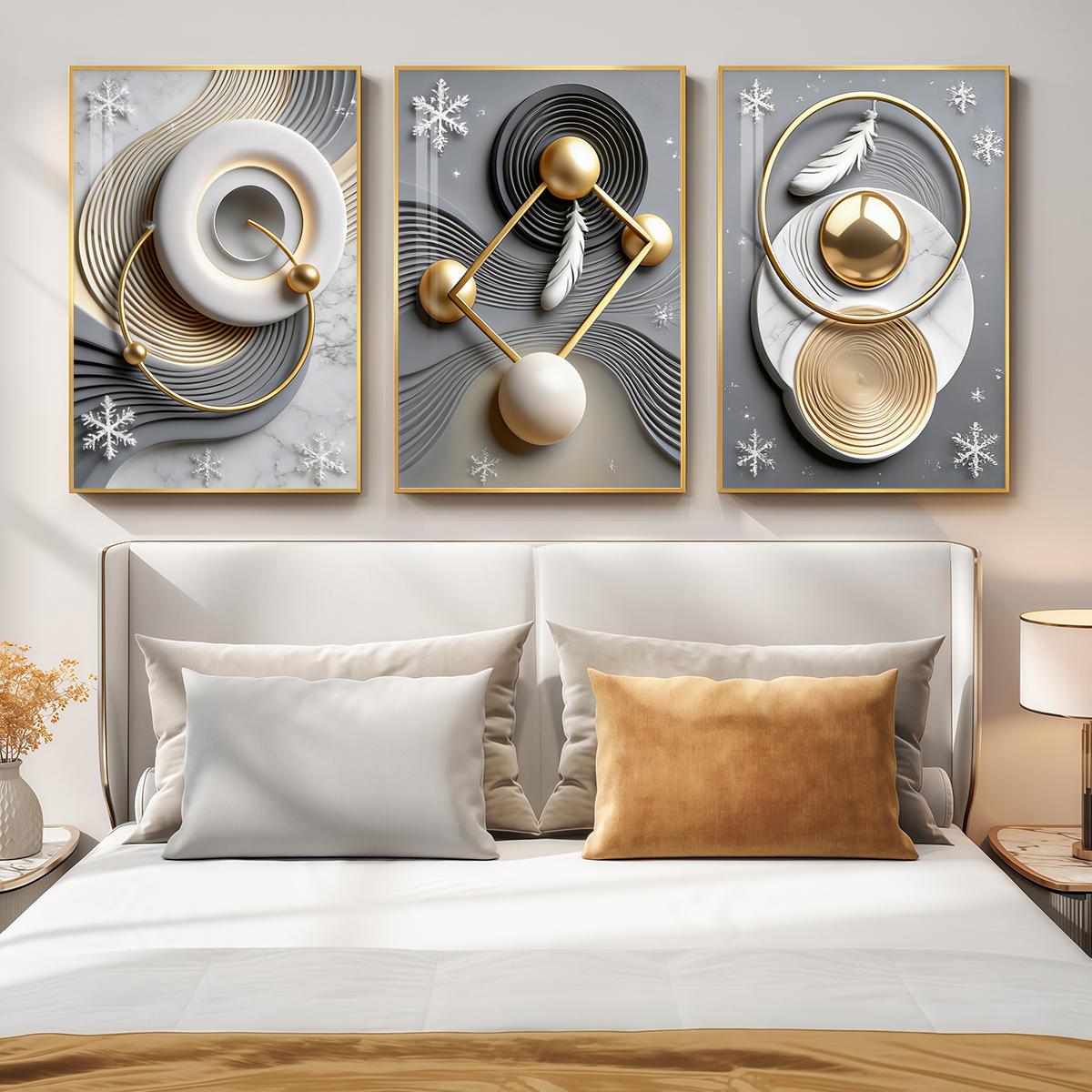3 Counts Aluminum Alloy Framed Painting, Abstract Geometric Gold Feather Art Pictures, Home Decoration For Living Room, Bedroom, Office, Restaurant, Hallway Wall Decor, Odorless Print Artwork, Luxury Perfect Gift For Friends And Family