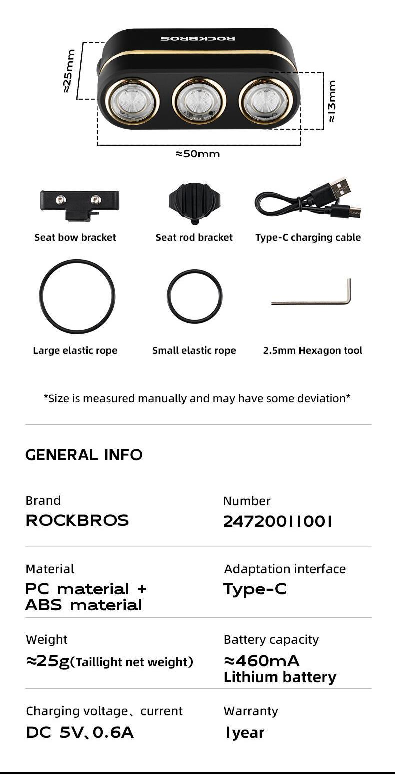 ROCKBROS 3-Color Light Bicycle Taillights Brake Sensor Cycling Rear Light 50H Long Battery Life Vibration Induction MTB Road Bike Night Safety Riding Equipment