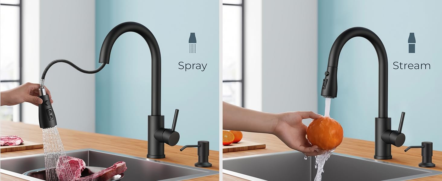 FORIOUS Kitchen Faucet with Soap Dispenser, Kitchen Faucets with Pull Down Sprayer, Updated High Arc Single Hole Faucet for Kitchen Sink RV