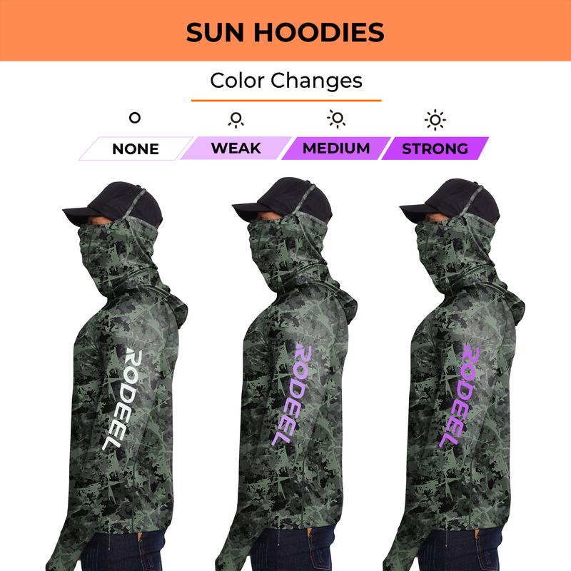 【RODEEL】934 Sun Hoodie Shirts w/ UV Detection Mask Neck Gaiter Thumbhole Men UPF 100+ Sun Protection Long Sleeve Lightweight Quick Dry Moisture Wicking Breathable Cooling Athletic Activewear for Outdoor Sports Fishing Construction Roofing, Holiday Gift