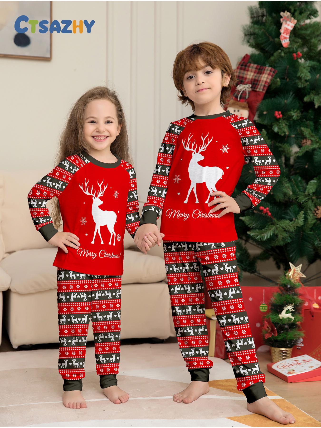 Christmas Elk Family Matching Pajamas Set 4 Pcs, Long Sleeve Red Xmas Printed Soft Warm Loungewear, Holiday Family Sleepwear for Men Women Kids, Christmas Gift Outfit