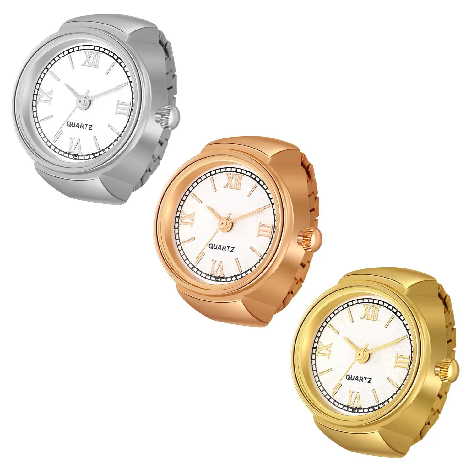 Novelty Finger Ring Watch Elastic Band Roman Numberals Dial Quartz Watches for Men Women