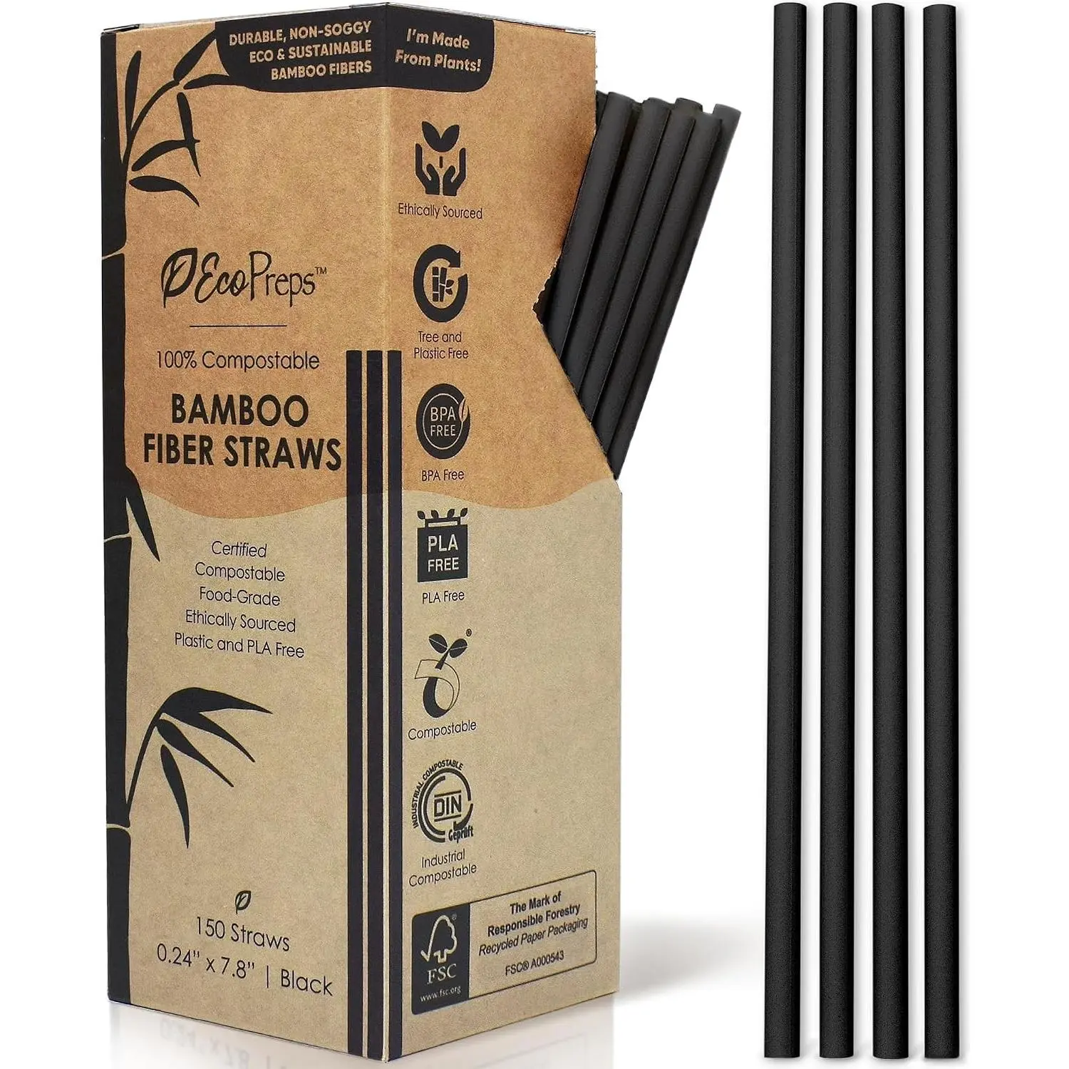 EcoPreps Black Biodegradable Bamboo Fiber Disposable Straws, 150 PCS, 7.8" | 100% Compostable, Plastic-Free, Eco-Friendly Drinking Straw | Plant Fiber Straws, Compostable Black Straw for Cocktails, Bars