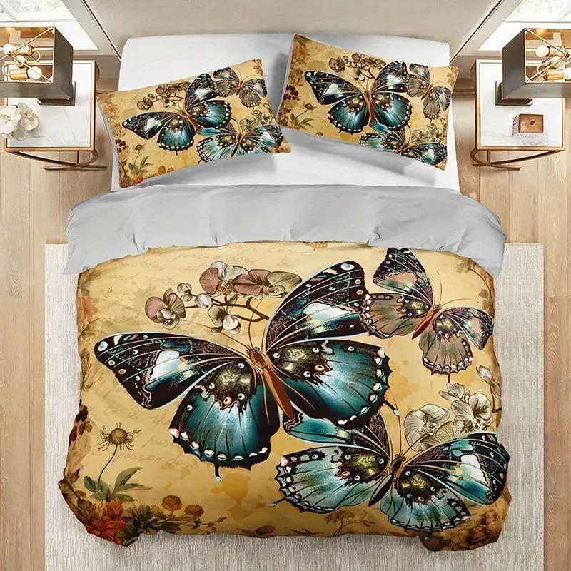 3pcs Butterfly Couple Pattern Print Blanket Set, Soft Polyester Fabric, Zipper Design, Modern Style Bedding Essentials