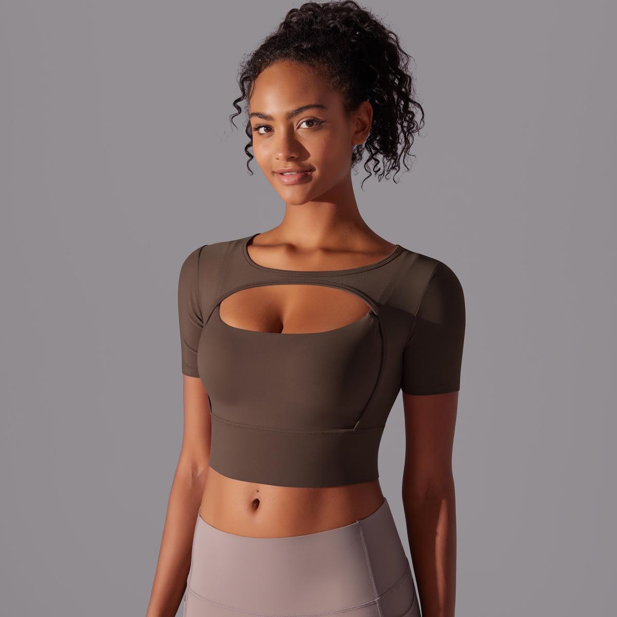 Classic Solid Color Mesh Stitching Double-Layer Short Sleeve Racerback Bra Top Women - Running, Fitness, Yoga Workout Top1123