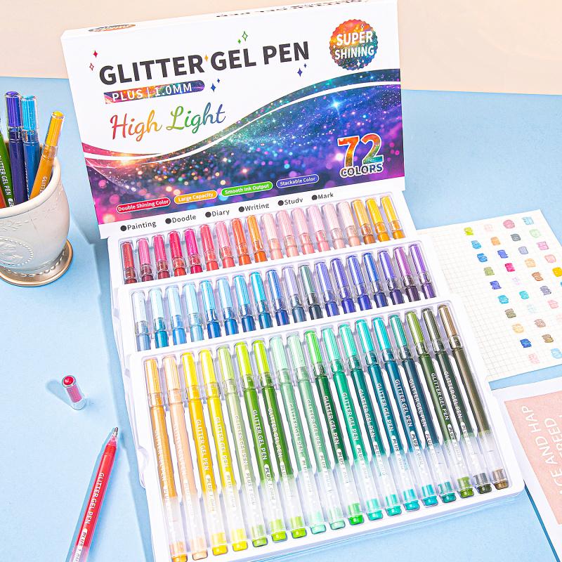 Glitter Gel Pens, Glitter Markers, 72 Pack Colored Pens for Black Paper & White Paper, 1.0mm Point Pens, Large Capacity Ink Pens for Coloring, Writing, Drawing, Journaling, Note Taking, School, Office, Home