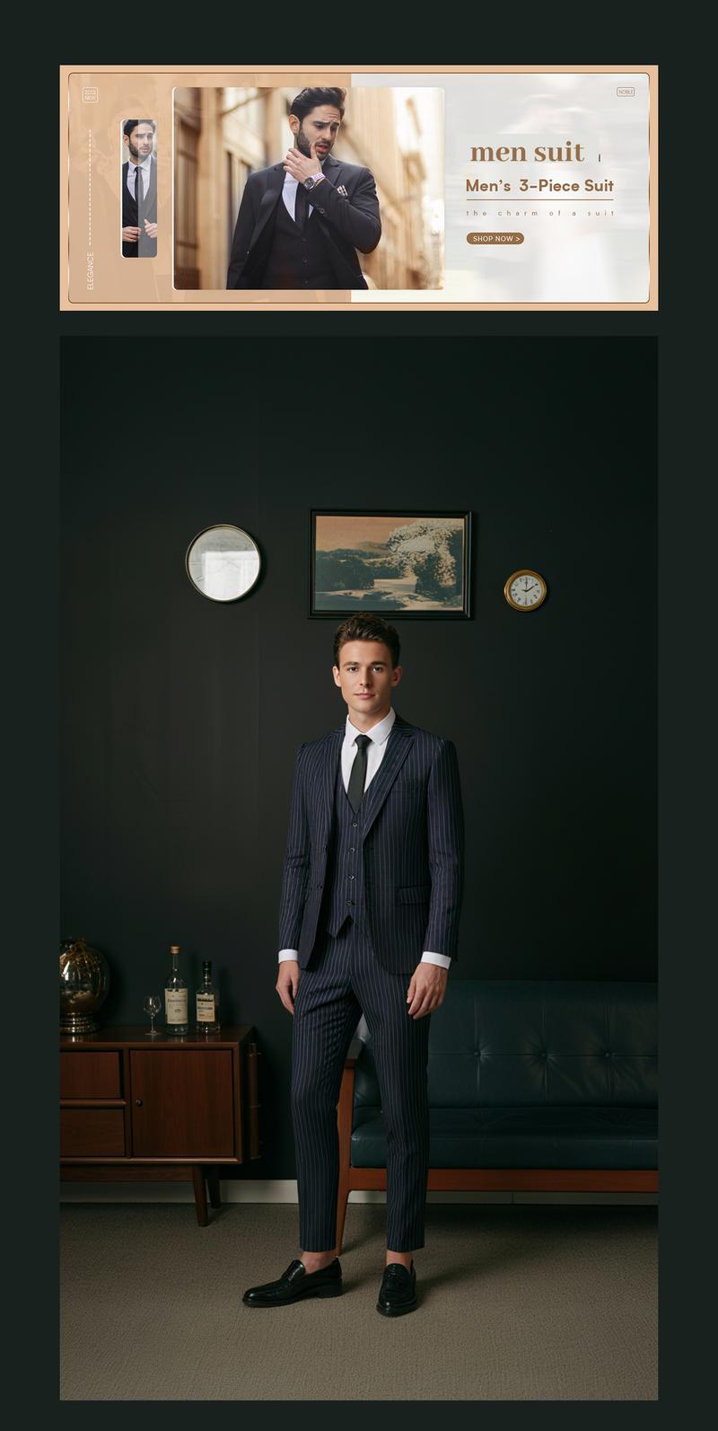 Men's Long Sleeve Slim Fit Pinstripe 3 - Piece Suit for Business Casual, Semi - Formal Wedding & Prom Occasions