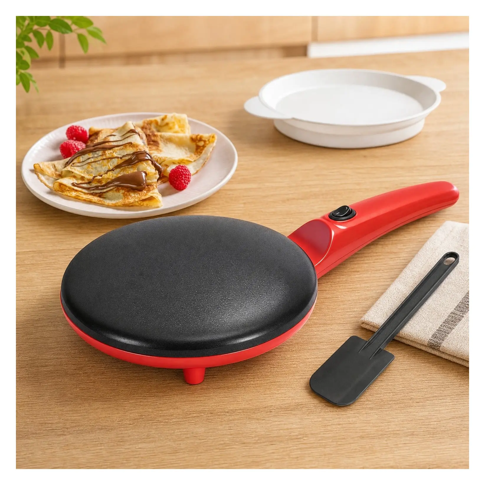 Electric Crepe Maker, 8 Inch Nonstick Crepe Pan with Batter Spreader & Dipping Tray, 800W Quick Heat-Up, Auto Temperature Control, PFOA & BPA Free, Easy Clean, RedGift
